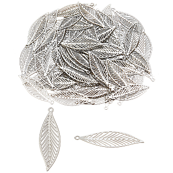 100Pcs 201 Stainless Steel Pendants, Etched Metal Embellishments, Leaf Charm, Stainless Steel Color, 32x10x0.2mm, Hole: 1.4mm