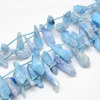Electroplate Gemstone Natural Quartz Crystal Beads Strands, Nuggets, Light Blue, 18~35x6~14x6~12mm, Hole: 1mm, about 22pcs/strand, 15.74 inch