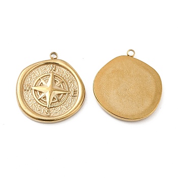 Vacuum Plating 201 Stainless Steel Pendants, Flat Round with Compass Charm, Real 18K Gold Plated, 21x19.5x2.5mm, Hole: 1.4mm