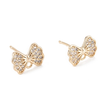 Brass Micro Pave Clear Cubic Zirconia Stud Earring Findings, with 925 Sterling Silver Pin, with Loop, Bowknot, Real 14K Gold Plated, 7x10mm, Hole: 1.2mm, Pin: 0.7mm