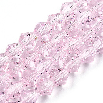 Imitation #5301 Bicone Beads, Faceted Bicone Glass Beads Strands, Pink, 6x6mm, Hole: 1.2mm, about 47~48pcs/strand, 10.24 inch~10.43 inch(26~26.5cm)