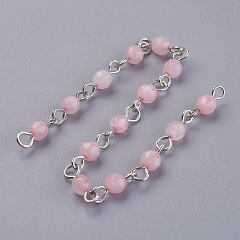 Handmade Natural Rose Quartz Beads Chains, Unwelded, with Iron Eye Pin, Round, Faceted, Platinum, 12~12.5x4~4.5mm, about 39.37 inch(1m)/strand