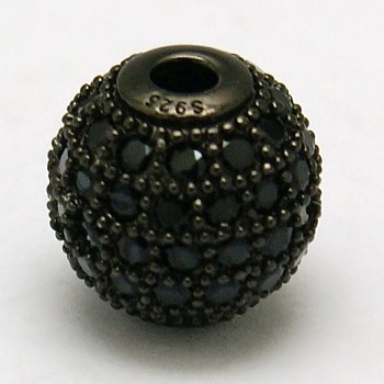 Round 925 Sterling Silver Beads, with Micro Pave Cubic Zirconia, Gunmetal, 6mm, Hole: 1mm