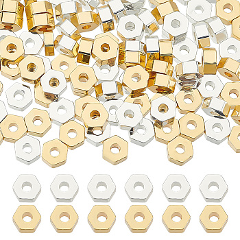 100Pcs 2 Colors Rack Plating Brass Beads, Cadmium Free & Lead Free, Long-Lasting Plated, Hexagon, Mixed Color, 4x4.5x2mm, Hole: 1mm, 50pcs/color