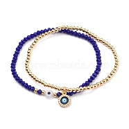 Stretch Bracelets Sets, with Round Brass Beads, Glass Beads, Evil Eye Lampwork Beads and Brass Micro Pave Cubic Zirconia Charms, Golden, Blue, Inner Diameter: 2-1/4 inch(5.7cm), 2pcs/set(BJEW-JB05685-01)