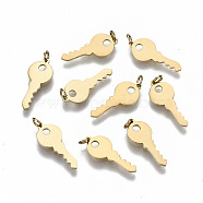 304 Stainless Steel Charms, Laser Cut, with Jump Rings, Key, Real 14K Gold Plated, 14.5x6x0.7mm, Jump Ring: 3x0.4mm, 2.2mm inner diameter(STAS-S116-070G)