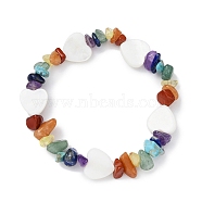 Natural & Synthetic Mixed Gemstone Chips & Shell Beaded Stretch Bracelet, Heart, Wide: 12mm, Inner Diameter: 1-3/4 inch(4.3cm)(BJEW-JB09897-01)
