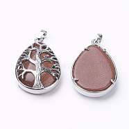 Synthetic Goldstone Pendants, with Brass Findings, teardrop, Platinum, 39x26x7~9mm, Hole: 5x7mm(G-E421-05P)