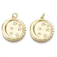 Brass Micro Pave Cubic Zirconia Pendants, with Jump Rings, Nickel Free, Flat Round with Moon & Sun & Star, Clear, Real 16K Gold Plated, 22x20x3mm, Hole: 3mm(ZIRC-S067-009-NF)