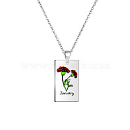 Rectangle with Birth Flower Stainless Steel Pendant Necklace for Women, January Carnation, 17.72 inch(45cm)(ZODI-PW0003-01A)