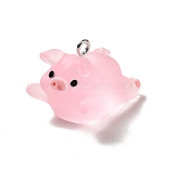 Translucent Resin Pendants, Pig Charm, with Platinum Tone Iron Findings, Pearl Pink, 19x18x26mm, Hole: 2mm(RESI-E031-01P-06)