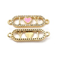 Brass Micro Pave Clear Cubic Zirconia Connetor Charms, with Enamel, Oval Links with Pink Heart, Real 18K Gold Plated, 7x24.5x2.5mm, Hole: 1.4mm(KK-E068-VB404-1)