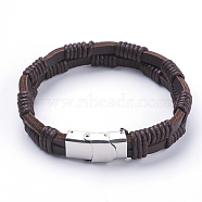 Leather Cord Bracelets, with 304 Stainless Steel Clasps, Stainless Steel Color, Coconut Brown, 9 inch(230mm)
(BJEW-F291-46B)
