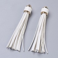 PU Leather Cord Tassel Big Pendants, with Plastic Clasps, White, 110~115x15mm, Hole: 4mm(IFIN-F149-I13)