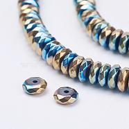 Electroplate Non-Magnetic Synthetic Hematite Beads Strands, Faceted, Rondelle, Blue Plated, 5x2mm, Hole: 0.8mm, about 198pcs/strand, 15.5 inch(39.5cm)(G-F510-20)