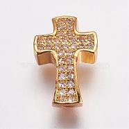 Brass Micro Pave Cubic Zirconia Beads, Cross, Golden, 14x9x4mm, Hole: 1.5mm(ZIRC-G087-28G)