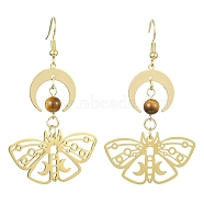 Moon & Butterfly Brass Dangle Earrings, Natural Tiger Eye Beaded Long Drop Earrings, Golden, 63x36mm(EJEW-TA00374)