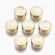 Alloy Enamel Beads, Cadmium Free & Lead Free, Flat Round with Initial Letters, Light Gold, White, Letter.C, 8x4mm, Hole: 1.5mm(X-ENAM-S122-029C-RS)