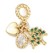 Rack Plating Brass Clear & Green Cubic Zirconia European Dangle Charms, Heart & Tree & Oval Large Hole Pendants, Long-Lasting Plated, Cadmium Free & Lead Free, Real 18K Gold Plated, 27mm, Hole: 4.5mm(KK-P287-24G)