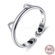 925 Sterling Silver Cuff Rings, with Epoxy, Cat, Black, Silver, US Size 6 1/2(16.9mm)(RJEW-BB70407)