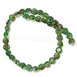 Handmade Millefiori Lampwork Beads Strands, Flat Round, Green, 9.5~10x3.5~4mm, Hole: 0.6mm, about 36pcs/strand, 13.90''~14.41''(35.3~36.6cm)(LAMP-G166-17B-02)