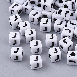 White Opaque Acrylic Beads, Horizontal Hole, Cube with Black Alphabet, Letter.J, 4~5x4~5x4~5mm, Hole: 1.8mm, about 255~260pcs/20g(X-MACR-R869-02J)