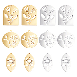DICOSMETIC 12Pcs 6 Style 201 Stainless Steel Pendants, Laser Cut, Horse Eye & Rectangle & Flat Round, Golden & Stainless Steel Color, 2pcs/style(STAS-DC0006-24)