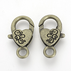 Alloy Lobster Claw Clasps, Heart, Antique Bronze, 26.5x15x6.5mm, Hole: 4mm(X-PALLOY-R070-11AB)