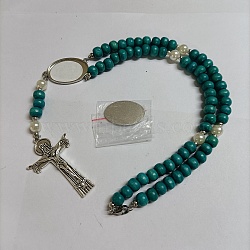 Natural Wood Rosary Bead Necklace, Sublimation Blank Alloy Oval with Cross Pendant Necklace for Women, Dark Cyan, 14.80 inch(37.6cm)(NJEW-PH01486)