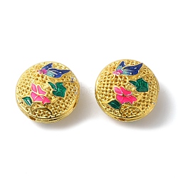 Rack Plating Brass Enamel Beads, Long-Lasting Plated, Cadmium Free & Lead Free, Real 18K Gold Plated, Flat Round with Flower, Fuchsia, 16x10mm, Hole: 1.6mm(KK-P276-24B-G01)