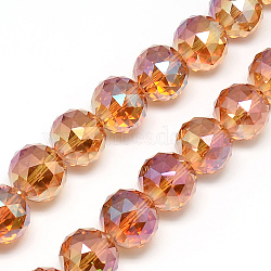 Electroplate Glass Bead Strands, Rainbow Plated, Faceted, Round, Sandy Brown, 13~14x13~14mm, Hole: 1.5mm, about 50pcs/strand, 26 inch(EGLA-S137-14mm-04)