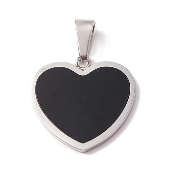 304 Stainless Steel Pendants, with Black PVC Cabochon, Heart, Stainless Steel Color, 24.5x25x2mm, Hole: 9.5x4.5mm