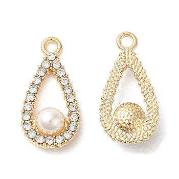 Alloy Pendants, with Crystal Rhinstone and ABS Plastic Imitation Pearl, Teardrop Charm, Lead Free & Cadmium Free, Light Gold, 24.5x12.5x6.5mm, Hole: 2mm