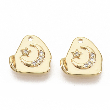 Brass Micro Pave Clear Cubic Zirconia Charms, Nickel Free, Real 18K Gold Plated, Moon and Star, 10.5x10.5x2.5mm, Hole: 1mm