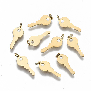 304 Stainless Steel Charms, Laser Cut, with Jump Rings, Key, Real 14K Gold Plated, 14.5x6x0.7mm, Jump Ring: 3x0.4mm, 2.2mm inner diameter