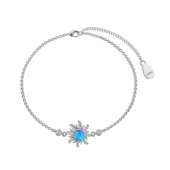 Rhodium Plated 925 Sterling Silver Sun Link Bracelets, with Synthetic Opal, with S925 Stamp, Real Platinum Plated, 5-7/8 inch(15cm)