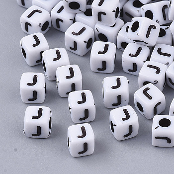 White Opaque Acrylic Beads, Horizontal Hole, Cube with Black Alphabet, Letter.J, 4~5x4~5x4~5mm, Hole: 1.8mm, about 255~260pcs/20g