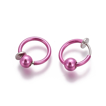 Electroplate Brass Retractable Clip-on Earrings, Non Piercing Spring Hoop Earrings, Cartilage Earring, with Removable Beads, Deep Pink, 12.6x0.8~1.6mm, Clip Pad: 4.5mm