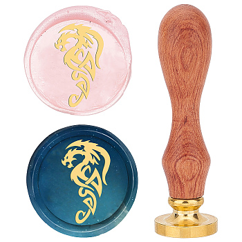 Brass Wax Seal Stamp with Rosewood Handle, for DIY Scrapbooking, Dragon Pattern, 25mm