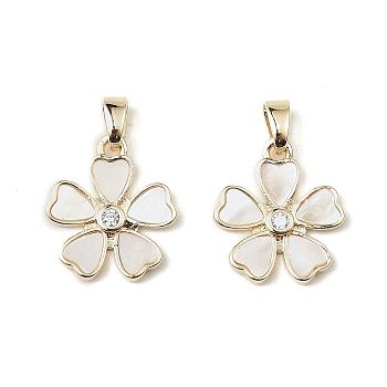 Brass Pave Shell Pendants, Flower Charms with Clear Glass, Real 18K Gold Plated, 15.5x13.5x1.5mm, Hole: 3mm