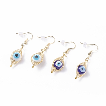 2Pair 2 Color Round Lampwork Evil Eye Braided Dangle Earrings, Brass Wire Wrap Jewelry for Women, Mixed Color, 46~47mm, Pin: 0.8mm, 1 Pair/color