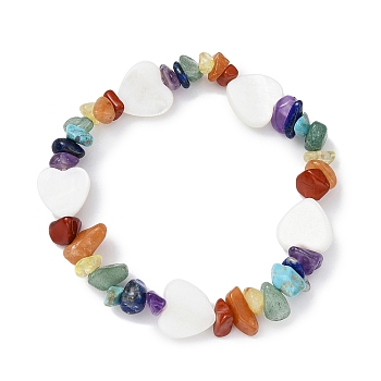 Natural & Synthetic Mixed Gemstone Chips & Shell Beaded Stretch Bracelet, Heart, Wide: 12mm, Inner Diameter: 1-3/4 inch(4.3cm)