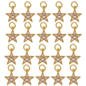 20Pcs Brass Micro Pave Cubic Zirconia Charms, with Jump Ring, Long-Lasting Plated, Star, Clear, Real 18K Gold Plated, 12x10x2mm, Hole: 3mm