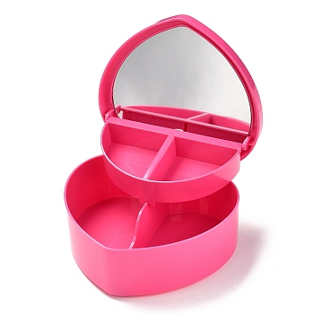 Heart Plastic Jewelry Boxes, Double Layer with Cover and Mirror, Hot Pink, 12.2x13.3x5.55cm, 4 compartments/box