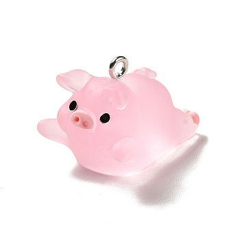 Translucent Resin Pendants, Pig Charm, with Platinum Tone Iron Findings, Pearl Pink, 19x18x26mm, Hole: 2mm