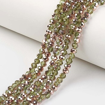 Electroplate Transparent Glass Beads Strands, Half Copper Plated, Faceted, Rondelle, Yellow Green, 3x2mm, Hole: 0.8mm, about 150~155pcs/strand, 15~16 inch(38~40cm)