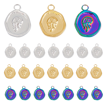 DICOSMETIC 24Pcs 3 Colors 201 Stainless Steel Pendants, Flat Round with Jellyfish, Mixed Color, 16x13x2mm, Hole: 2mm, 8pcs/color