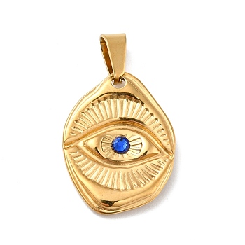 Vacuum Plating 304 Stainless Steel Pendants, with 201 Stainless Steel Snap On Bails and Sapphire Rhinestone, Oval with Eye, Golden, 23.5x17.5x3mm, Hole: 6.5x3mm
