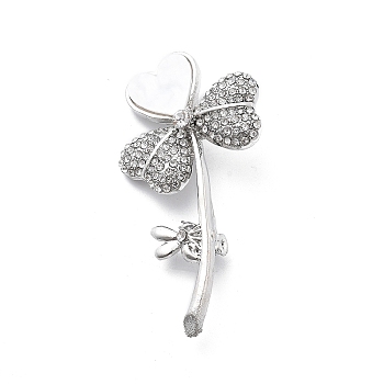 Heart Flower Alloy Crystal Rhinestone Brooches, with White Acrylic, Platinum, 54x29.5mm