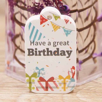 Paper Gift Tags, Hange Tags, For Arts and Crafts, Birthday Theme, Rectangle with Word Have a Great Birthday, White, 50x30x0.4mm, Hole: 3mm